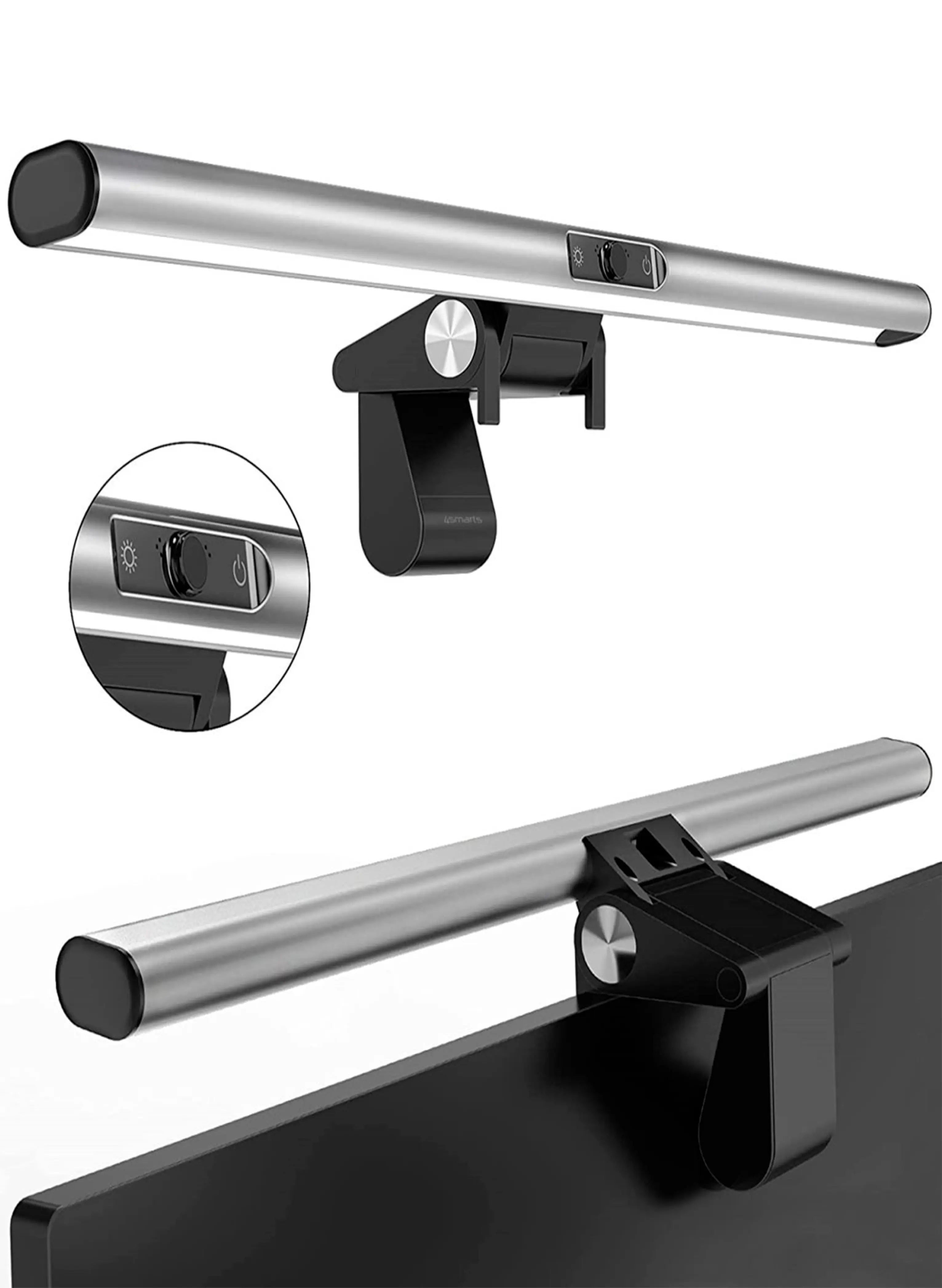 Imagem dos detalhes da luminária monitor barra led bar. O produto possui botões touch na parte frontal, barra de led na parte de baixo e espaço para conectar fio.